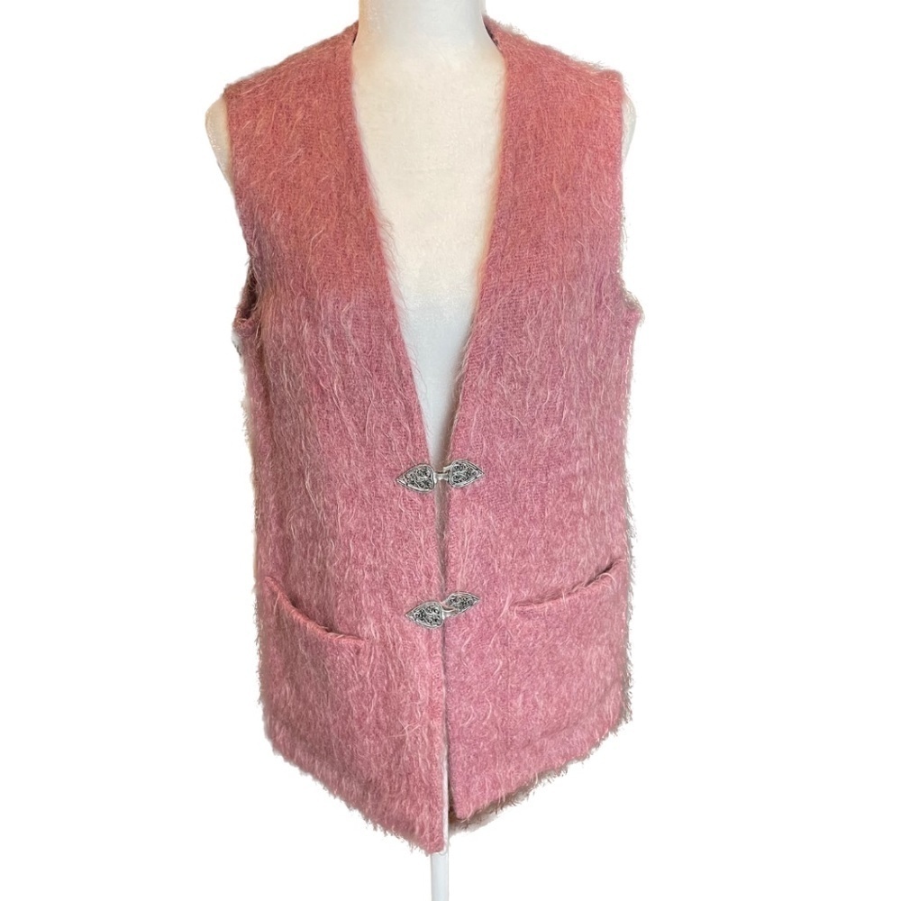 Vintage 60s Mohair Wool Woven in Scotland Pink Vest Ornate Metal Closures, Sz L